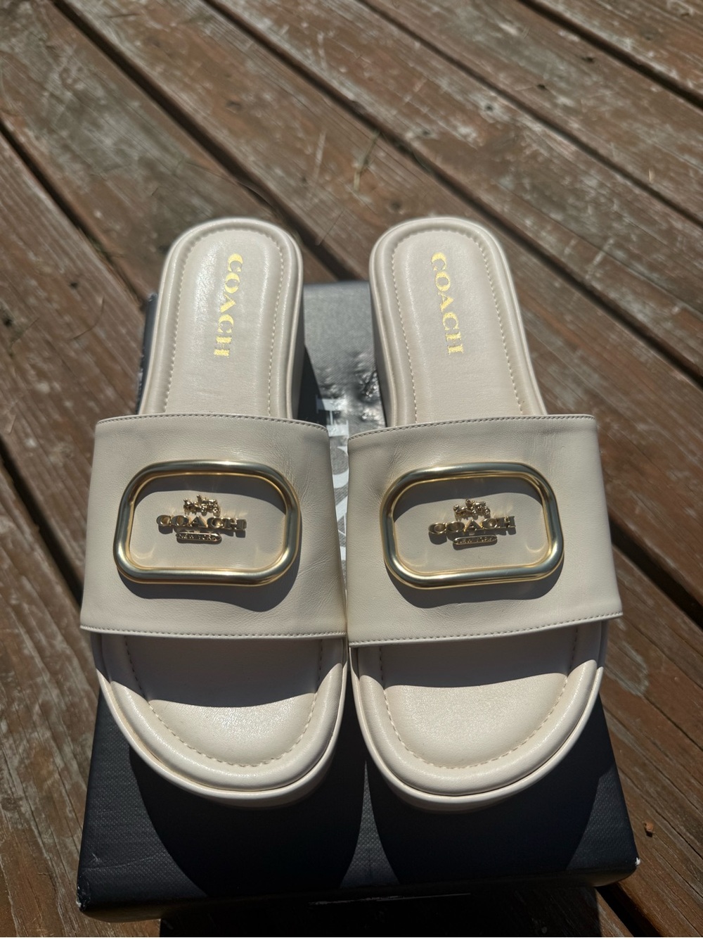 COACH Women's Eloise Cream Slide Sandals with Gold Logo